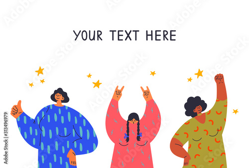 Feminism concept.Diverse woman show different gestures.Your text here.Feminine and feminism ideas,woman empowerment.Cartoon characters.Colorful vector illustration.Woman on rock concert.Like,gesture