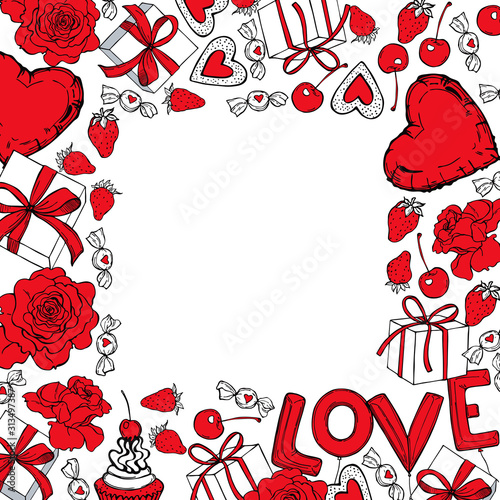 Hand drawn  Valentine's Day background with balloons, flowers and gifts. Cector sketch  illustration.
