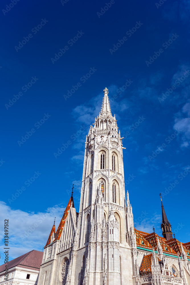 Fragment of Matthias Church on Holy Trinity Square in Budapest, Hungary.