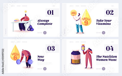 People Apply Omega Oil Website Landing Page. Web Page Banner. Male Female Characters Healthy Lifestyle with Natural Fat Ingredient DHA, EPA Polyunsaturated Fatty Acid Cartoon Flat Vector Illustration