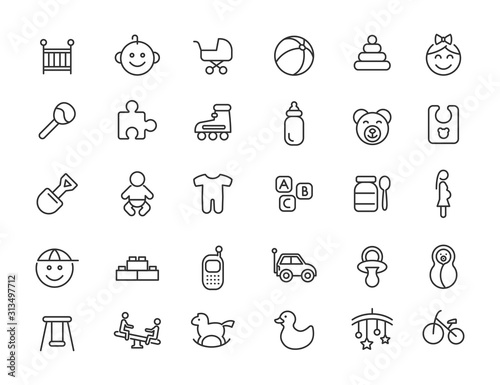 Set of linear baby icons. Newborn icons in simple design. Vector illustration