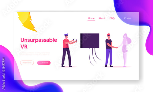 People in Vr Glasses Recreation Website Landing Page. Male Character Wearing Augmented Reality Goggles Date with Girl and Playing Virtyal Games Web Page Banner. Cartoon Flat Vector Illustration photo