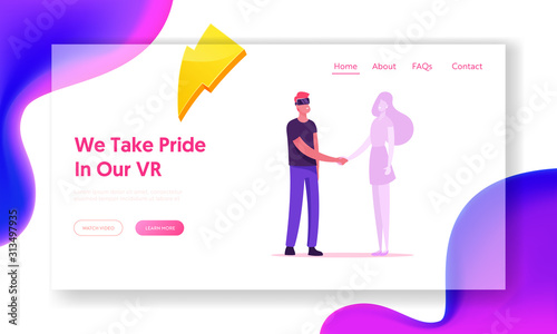 Vr Dating, Human Relations Website Landing Page. Young Man Wearing Virtual Reality Glasses Holding Hologram Woman Hand. Communication Love Friendship Web Page Banner. Cartoon Flat Vector Illustration