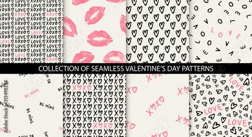 Set of 8 elegant seamless patterns with hand drawn decorative hearts, design elements. Romantic patterns for wedding invitations, greeting cards, scrapbooking, print, gift wrap. Valentines day