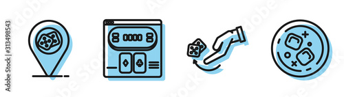 Set line Human hand throwing game dice, Casino location, Online poker table game and Glass of whiskey and ice cubes icon. Vector
