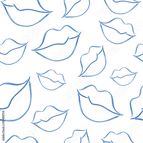 Plakat Wzór z usta malowane akwarela  Przezroczyste niebieskie elementy na białym tle