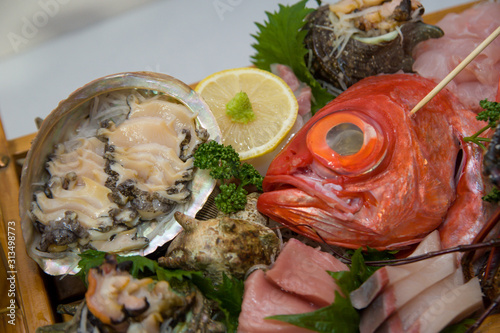 Decorated Seafood in Tokyo, Japan. Many of Japanese people eat fish daily since Japan is an island country surrounded by the ocean.