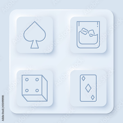 Set line Playing card with spades symbol, Glass of whiskey and ice cubes, Game dice and Playing card with diamonds symbol. White square button. Vector