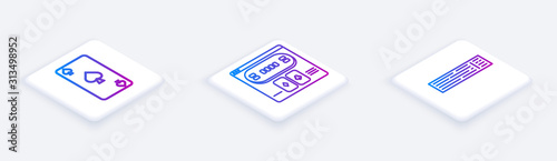 Set Isometric line Playing card with spades symbol, Online poker table game and Deck of playing cards. White square button. Vector
