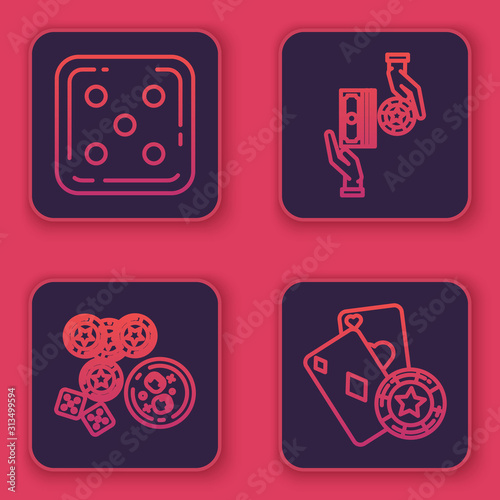 Set line Game dice, Casino chips, game dice and glass of whiskey with ice cubes, Casino chips exchange on stacks of dollars and Casino chip and playing cards. Blue square button. Vector