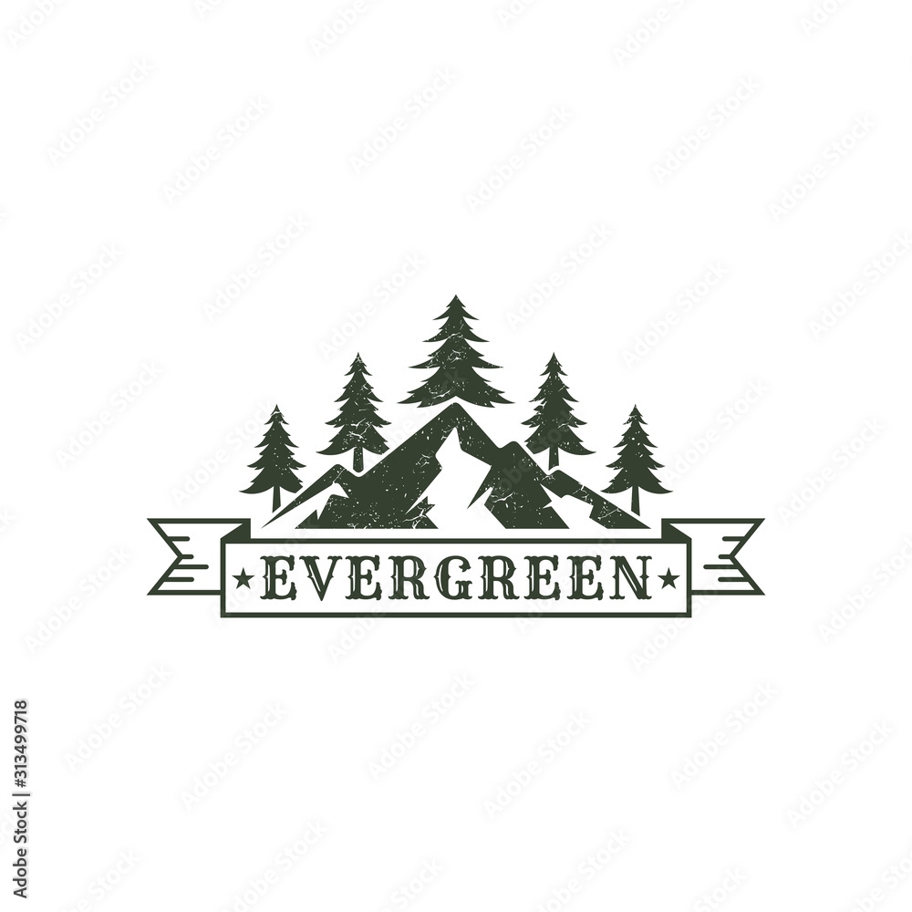 Vintage Pine Tree Logo Design with grunge Effect/Texture, Minimalist Retro Landscape Hills, Mountain Evergreen Logo Template