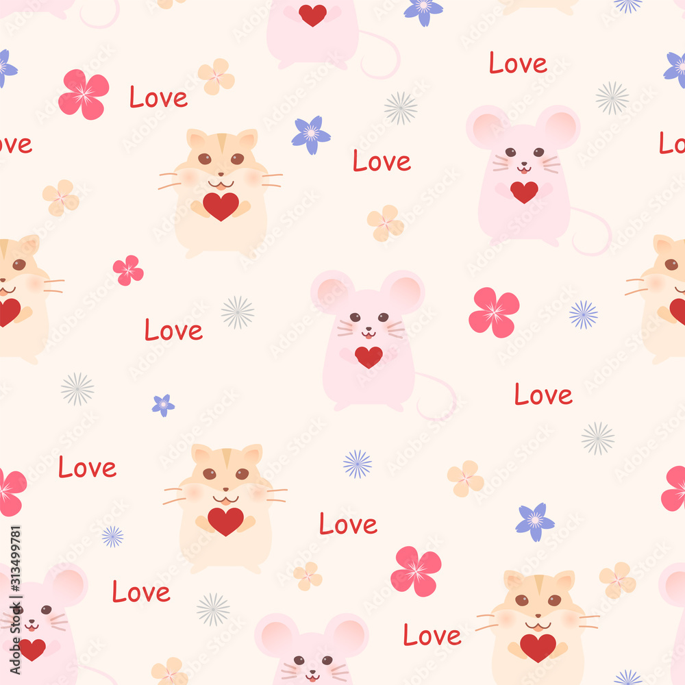 Valentine day patterns. Hamster , mouse , heart, flower on orange background.