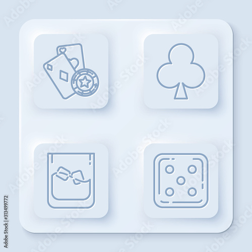 Set line Casino chip and playing cards, Playing card with clubs symbol, Glass of whiskey and ice cubes and Game dice. White square button. Vector