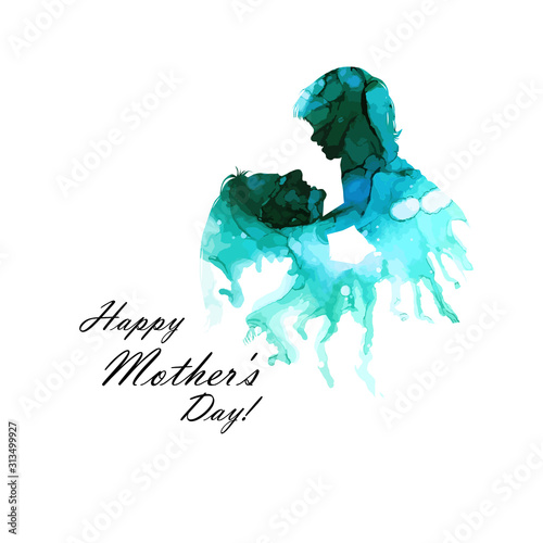 The Multicolored silhouette of mom and daughter. Mixed media. Happy Mother's Day. Vector illustration