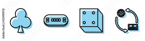 Set line Game dice, Playing card with clubs symbol, Poker table and Casino chips exchange on stacks of dollars icon. Vector