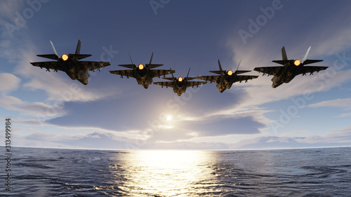 f35 jets flypast formation over the ocean low attitude flying 3d render