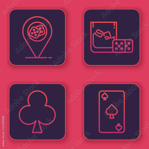 Set line Casino location, Playing card with clubs symbol, Game dice and glass of whiskey with ice cubes and Playing card with spades symbol. Blue square button. Vector