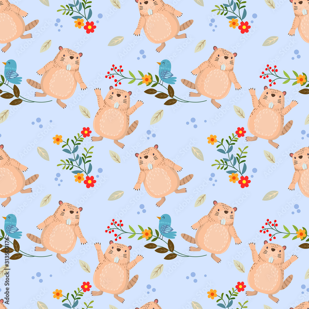 Seamless pattern with cute beaver and bird on branch with flowers can use for fabric textile wallpaper.