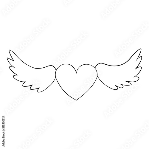 A heart with wings. Wide scope.  Valentine day. Colorless background. Coloring book for children.  Festive print.                                                       