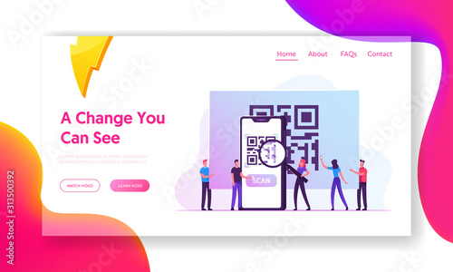 Purchase Quality Control Website Landing Page. Tiny People Characters Stand at Huge Smartphone Looking at Qr Code on Screen through Magnifying Glass Web Page Banner. Cartoon Flat Vector Illustration