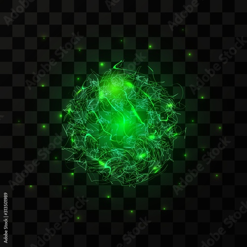 A flash of lightning, magical energy, a powerful electric discharge, an   electric ball of  green color. Isolated illustration on dark  background. Realistic 3d, vector.