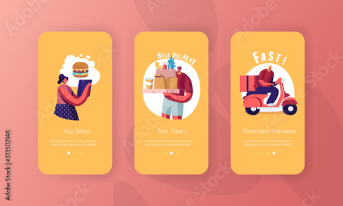 Delivery Service Order Shipping. Mobile App Page Onboard Screen Set. Worker Character on Scooter Bring Parcel Box to Happy Young Woman Concept for Website or Web Page, Cartoon Flat Vector Illustration