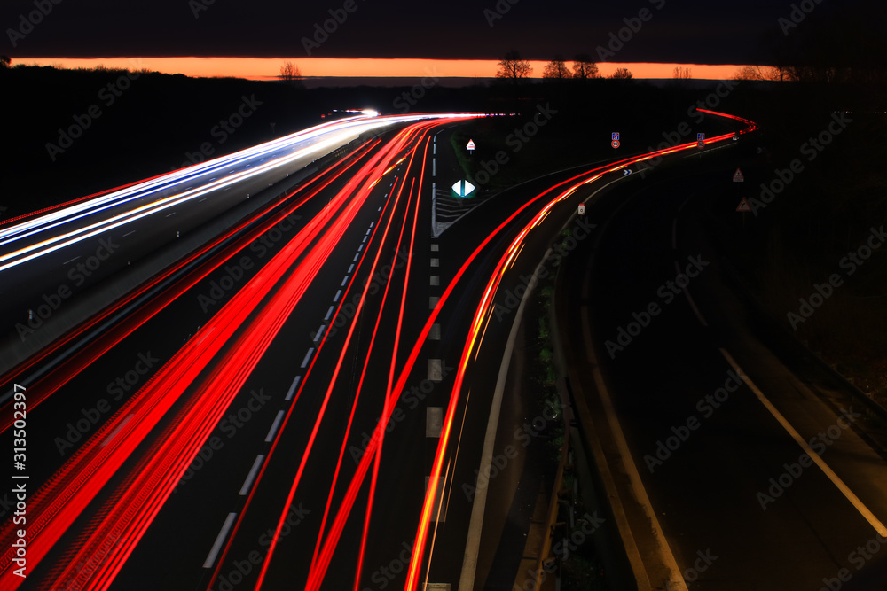 Highway lightpainting. Driven from car headlight light at night. Highway lightpainting. Driven from car headlight light at night.