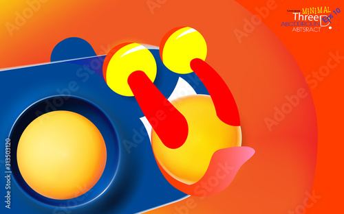 Abstract orange-red color background with blue personage, licking yellow balls. Modern trendy banner or poster design. Tasty 3d spheres, plastic yellow bubbles. Vector illustration.