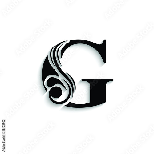 letter G. Black flower alphabet.  Beautiful capital letters with shadow