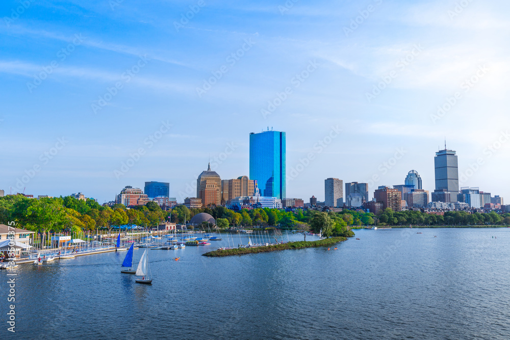 Panoramic view of Boston downtown and historic center from the landmark Longfellow bridge over Charles River