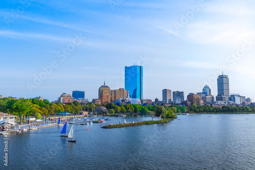 Panoramic view of Boston downtown and historic center from the landmark Longfellow bridge over Charles River © eskystudio