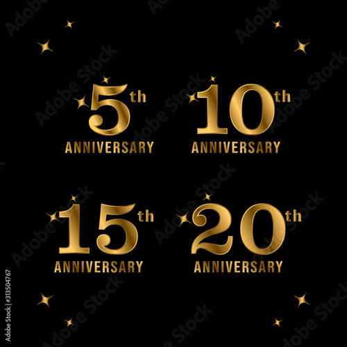 5, 10, 15, 20 years anniversary gold number. Set of anniversary for celebration with dark background