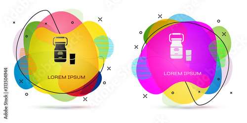 Color Can container for milk and glass icon isolated on white background. Abstract banner with liquid shapes. Vector Illustration