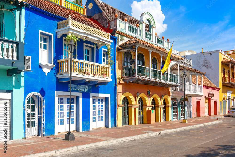 Cartagena, Colombia – 18 December, 2019: Scenic colorful streets of Cartagena in historic Getsemani district near Walled City (Ciudad Amurallada)