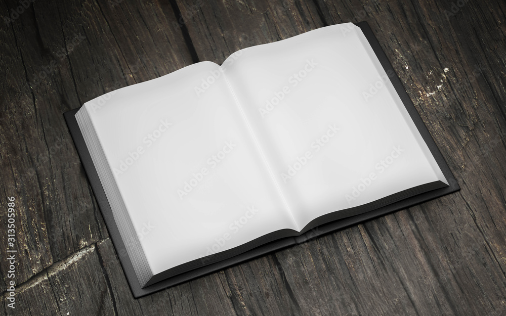 Fototapeta premium Blank empty opened book on dark wood underground 3d render illustration