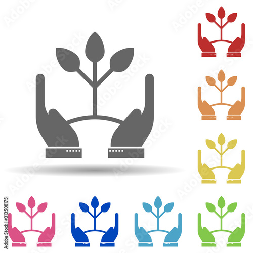 Hand, sprout, benevolence in multi color style icon. Simple glyph, flat vector of business icons for ui and ux, website or mobile application