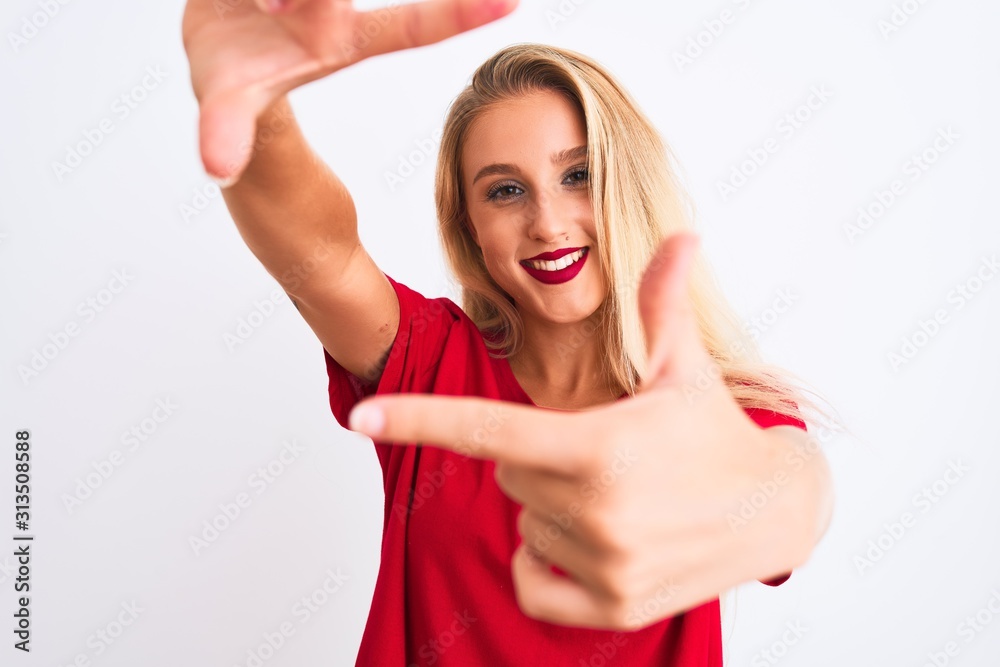 Young beautiful woman wearing red casual t-shirt standing over isolated white background smiling making frame with hands and fingers with happy face. Creativity and photography concept. Young beautiful woman wearing red casual t-shirt standing over isolated white background smiling making frame with hands and fingers with happy face. Creativity and photography concept.