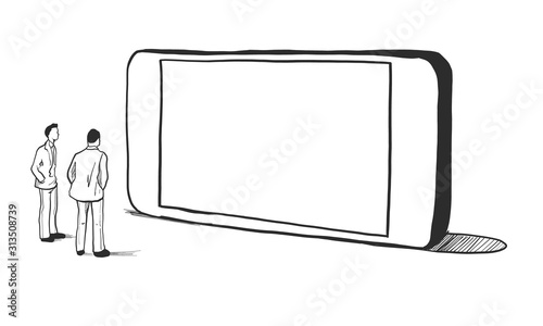 Doodle concept. Miniature businessman with Mobile screen. Vector illustration