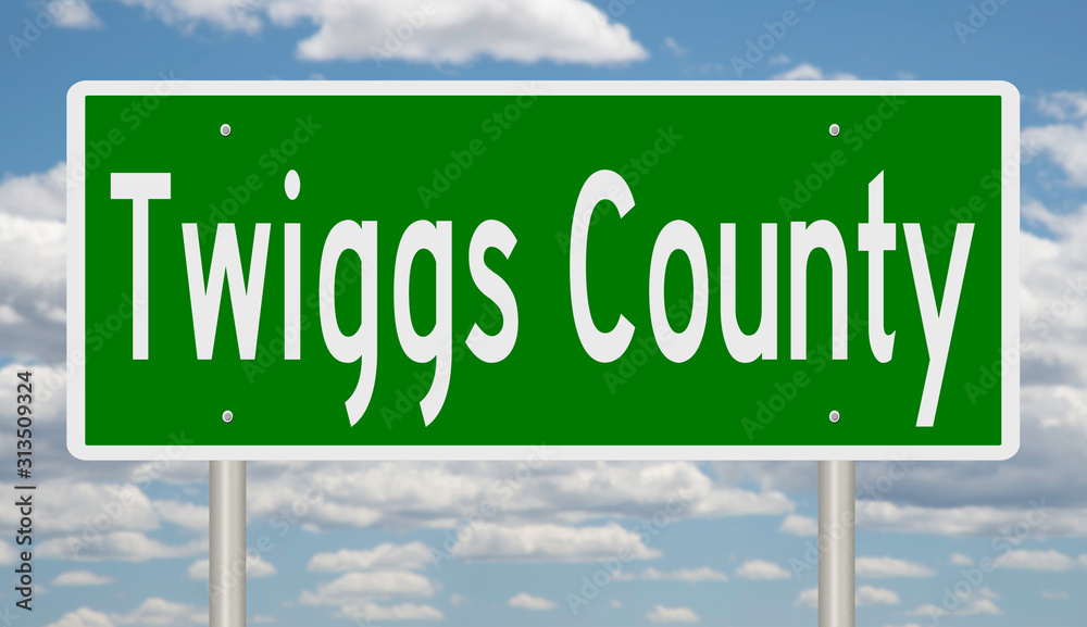 Rendering of a green 3d highway sign for Twiggs County