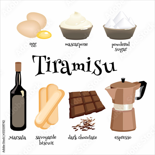 Italian dessert Tiramisu ingredients. Cartoon vector illustration