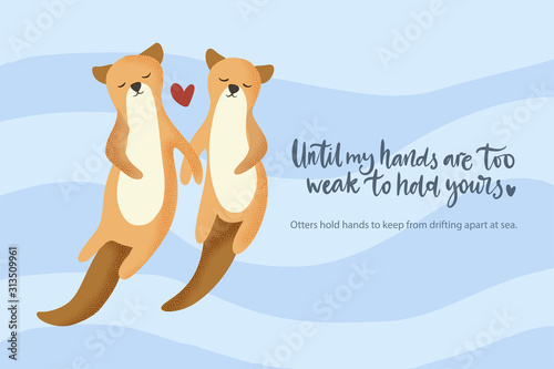 Happy valentine day vector textured animal card in a flat style with quote and real facts about love. Otter aquatic couple swimming together. Romantic illustration.