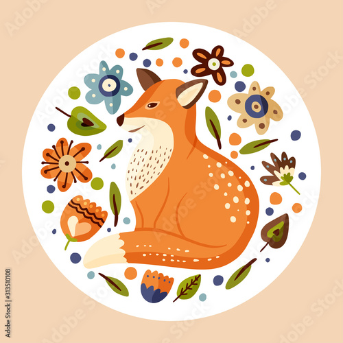 Cartoon fox cute vector illustration, forest clever funny animal round card with botanical foliage elements.