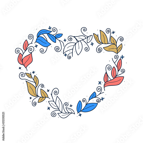 Floral leaf wreath in shape of heart for Valentine Day and wedding design. Beautiful rustic floral wreath hand drawn and isolated on white. Vector illustration.