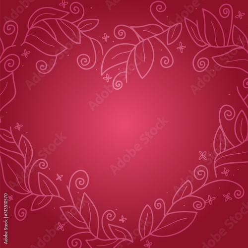 Floral leaf wreath in shape of heart for Valentine Day and wedding design. Beautiful rustic floral wreath hand drawn and isolated on red. Vector illustration.