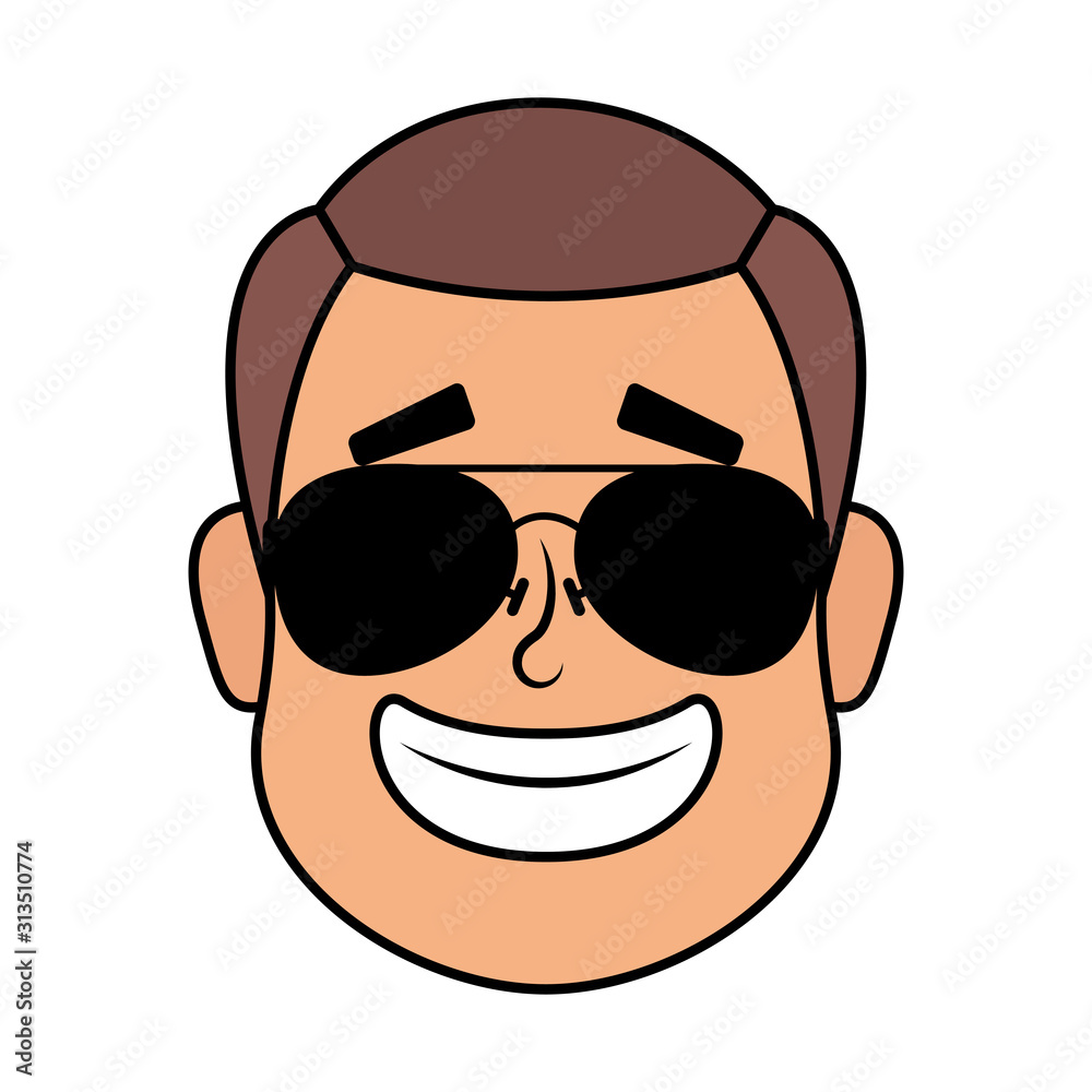 young man head with sunglasses character young man head with sunglasses character