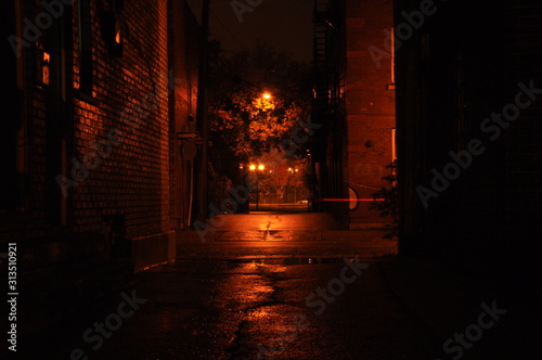 Dimly lit street at night