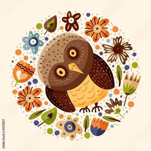 Cute cartoon vector owl round card in a flat style. Wild night bird postcard with floral botanical elements and flowers.