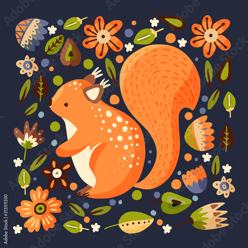 Squirrel cute forest illustration in a flat style. Funny woodland art. Ornate vector illustration with floral botanical elements.