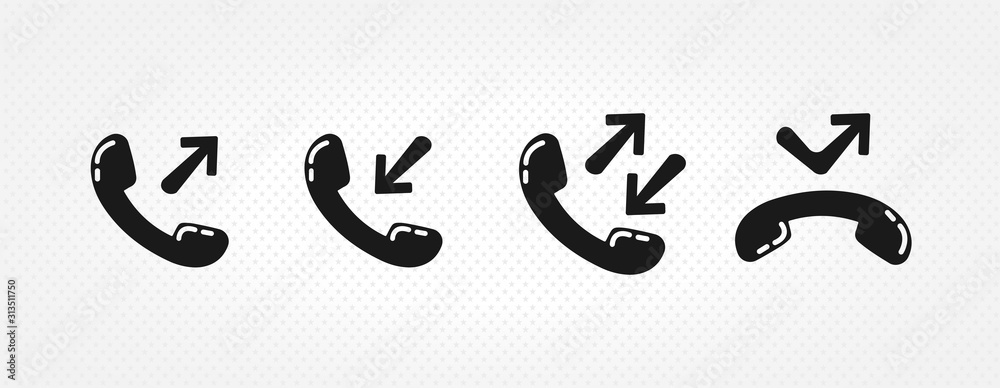 Phone icon. incoming call, outgoing call, missed call icon on white background