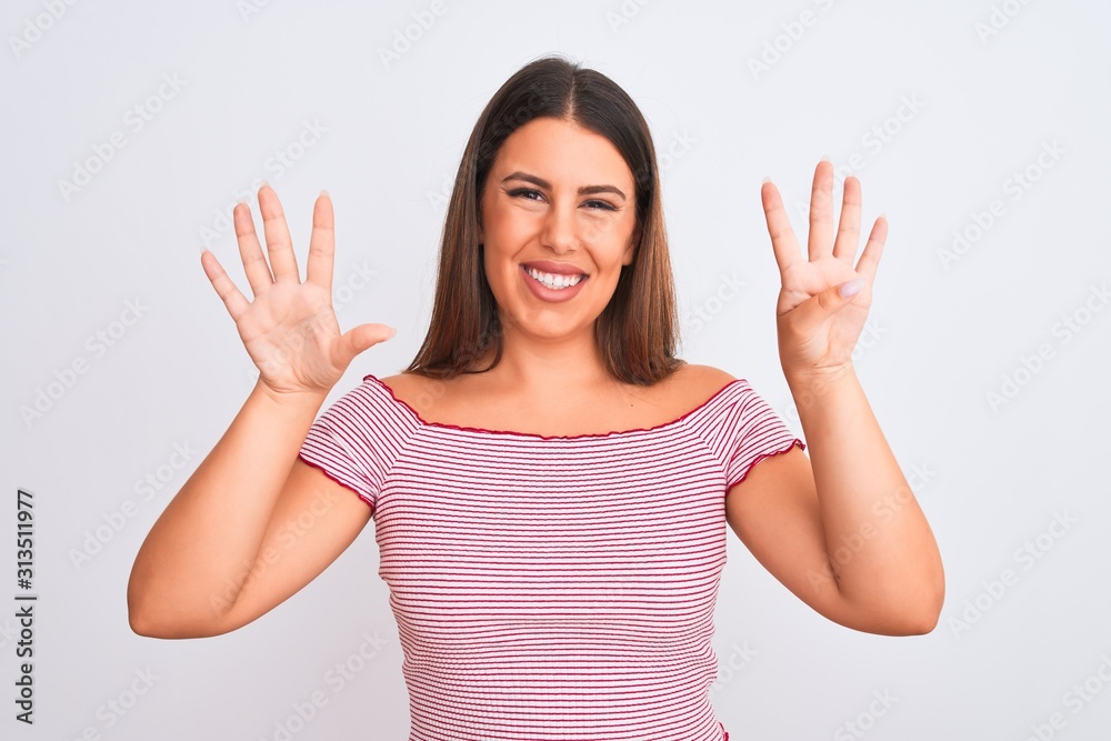 Portrait of beautiful young woman standing over isolated white background showing and pointing up with fingers number nine while smiling confident and happy. Portrait of beautiful young woman standing over isolated white background showing and pointing up with fingers number nine while smiling confident and happy.